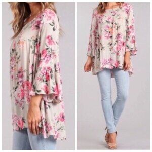 Romantic Flowy Feminine Hi Low Top Pink Floral Bell Sleeve Sz Small Cottagecore